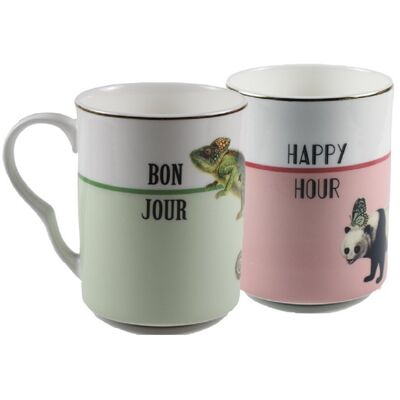 YE - Coffret 2 mugs 28 cl Bonjour / Happy Hour