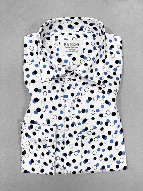 White Black/blue Circle Print Slim Fit Shirt_White