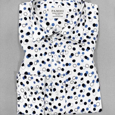 White Black/blue Circle Print Slim Fit Shirt_White