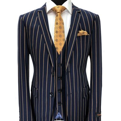 Navy Brown Bold Stripe 2-button 3-piece Suit_Blue