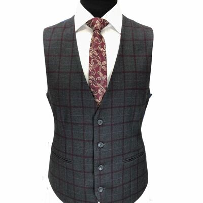 Grey & Burgundy Check 2 Button 3-piece Suit_Grey