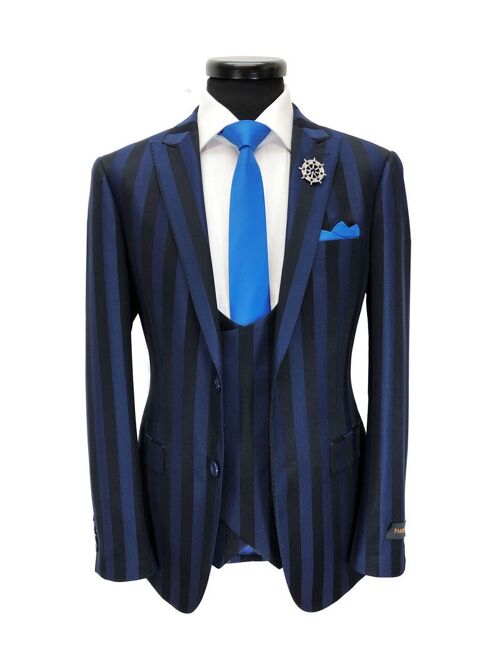 Blue Bold Stripe 2-button 3-piece Suit_Blue Bold Stripe 2-button 3-piece Suit