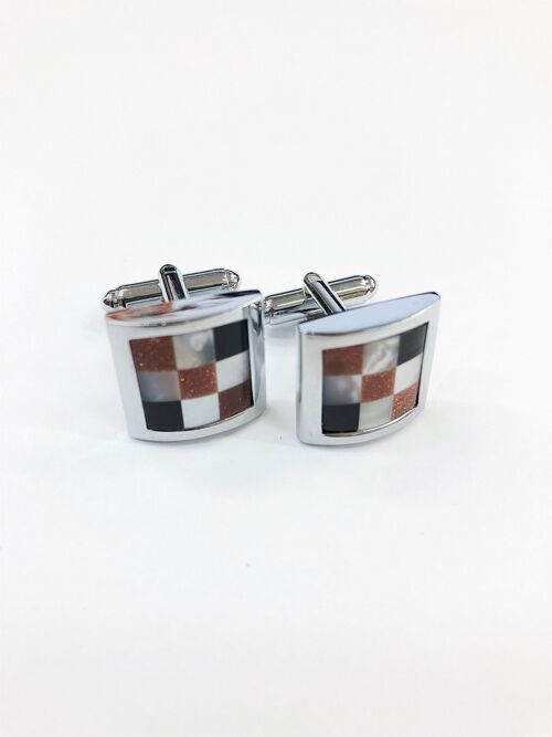 Mother Of Pearl Chequered Cufflinks_Brown