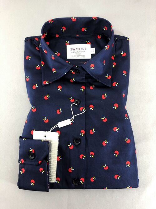 Navy Apple Print Fitted Shirt_Navy