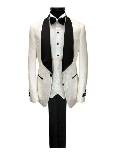 Cream Patterned 3-piece Tuxedo With Black Shawl Lapel_Cream Patterned 3-piece Tuxedo With Black Shawl Lapel