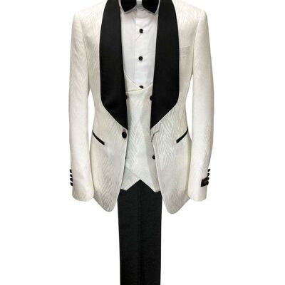 Cream Patterned 3-piece Tuxedo With Black Shawl Lapel_Cream Patterned 3-piece Tuxedo With Black Shawl Lapel