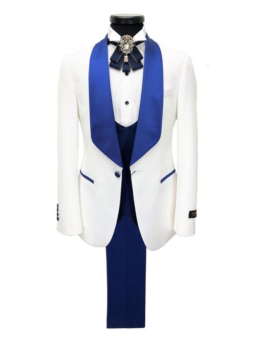 White 3-piece Tuxedo With Royal Blue Shawl Lapel_White 3-piece Tuxedo With Royal Blue Shawl Lapel