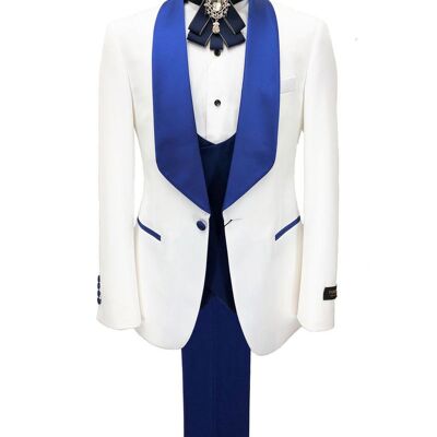 White 3-piece Tuxedo With Royal Blue Shawl Lapel_White 3-piece Tuxedo With Royal Blue Shawl Lapel