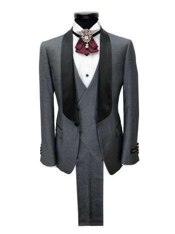 Smoking 3 pièces gris avec revers châle noir_Tuxedo 3 pièces gris avec revers châle noir 1