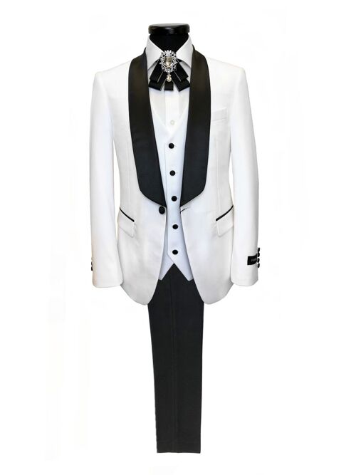 White 3-Piece Tuxedo with Black Shawl Lapel