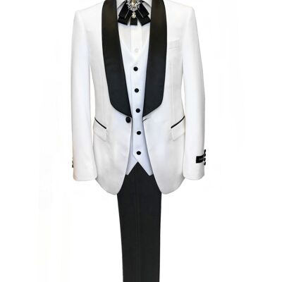 White 3-Piece Tuxedo with Black Shawl Lapel_White/Black