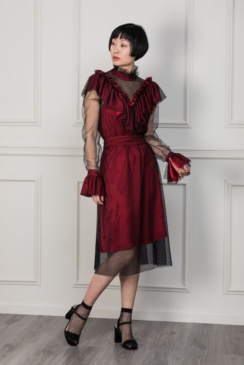 Elizabeth frill tulle dress Burgundy