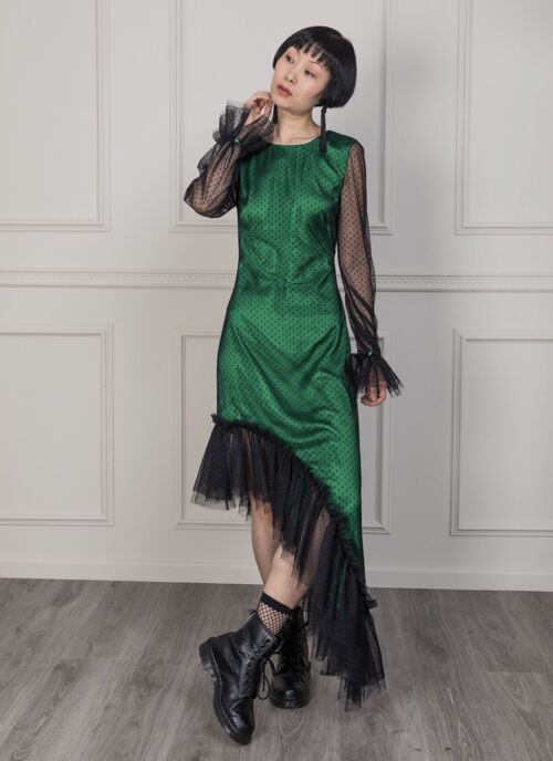 Josephine asymmetric polkadot tulle dress/ Rent for £35 Emerald Green