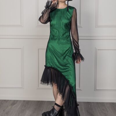 Josephine asymmetrisches Polkadot-Tüllkleid/ Miete für £35 Smaragdgrün