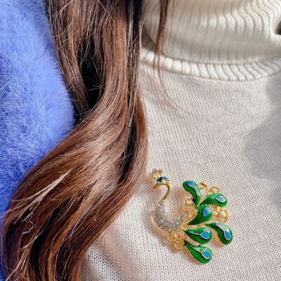 Peacock Brooch with Enamel and Crystal