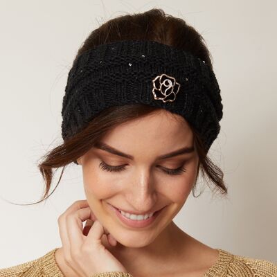 Hand Knitted Headband Ear Warmer Winter Hairband with Brooch