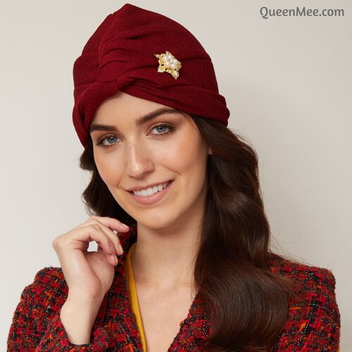 Head Wrap Turban Headwrap in Red with Gold Pearl Brooch
