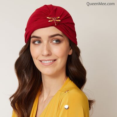 Red Turban Hat Headwrap with Dragonfly Brooch