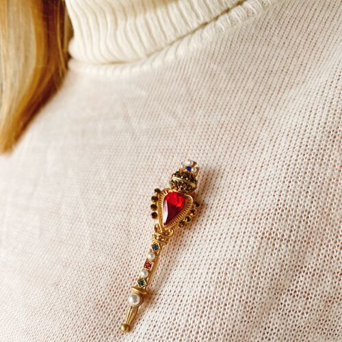 Gold Crown Brooch Lapel Pin in Red