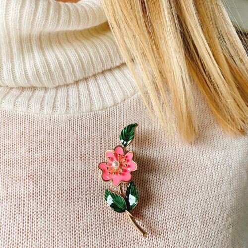 Floral Enamel Pin Pink and Green with Pearl