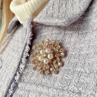 Broche Vintage avec Perle et Cristal - Or/Clair