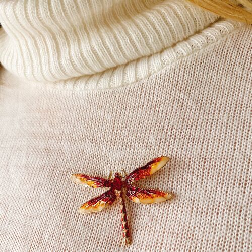 Dragonfly Brooch in Enamel with Crystal - Red