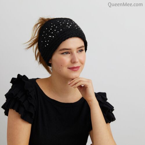 Diamante Winter Headband Ear Warmer Headband Knitted Headband Wool Headband Ski Headband - Black