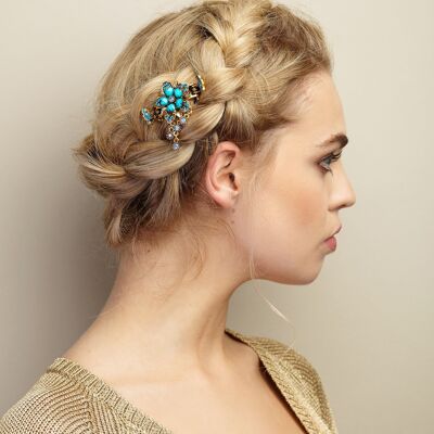 Flower Hair Accessory with Gems - Turquoise