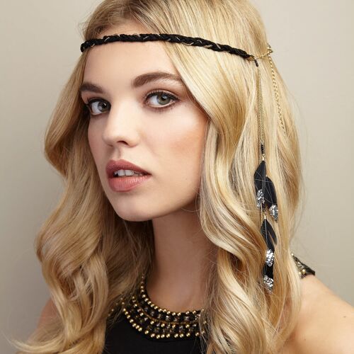 Boho Headband with Feathers and Glitter - Black