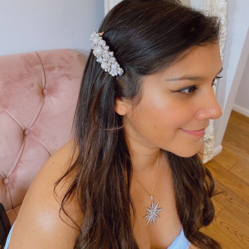 Pearl Hair Clip with Crystal - Silver