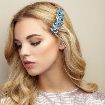 Pinza de pelo vintage con forma de hoja de diamantes de imitación - Azul claro