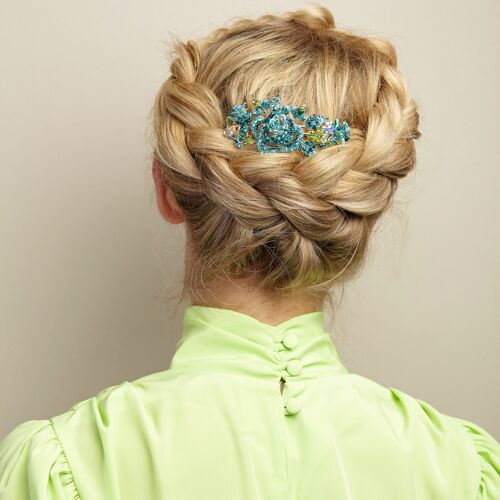 Flower Hair Clip with Diamante - Light Blue