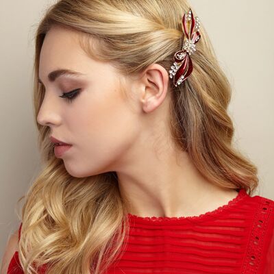 Bow Hair Clip with Diamante - Red