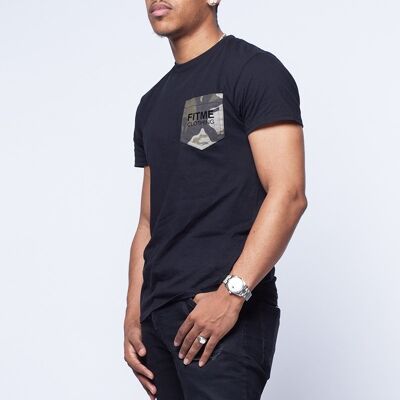 T-shirt organica nera con tasca applicata mimetica