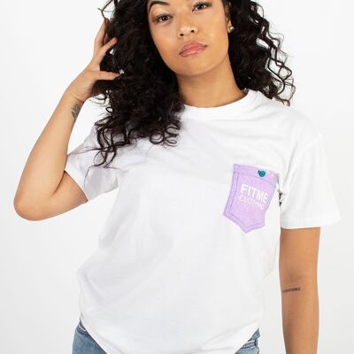 T-shirt blanc à poche plaquée lilas