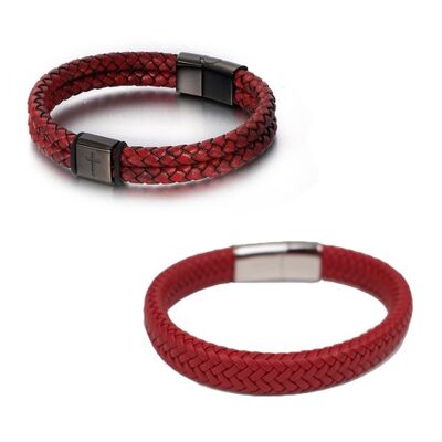 Chaqueta pulsera de cuero rojo | doble banda | cierre de acero inoxidable negro | 22,5cm | 2 piezas