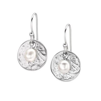Silver White Pearl Hammered Disc Drop Earrings