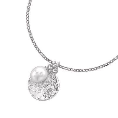 Silver White Pearl Hammered Disc Pendant