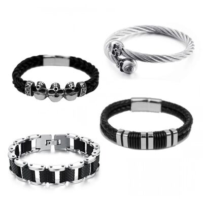 Bracelets en acier inoxydable | bracelets en cuir | noir | Lot de 4