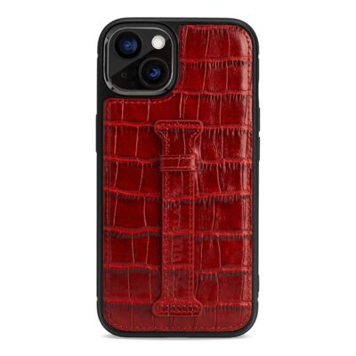 iPhone 13 Leder Case mit Fingerschlaufe Kroko-Prägung rot