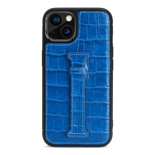 iPhone 13 Leder Case mit Fingerschlaufe Kroko-Prägung blau
