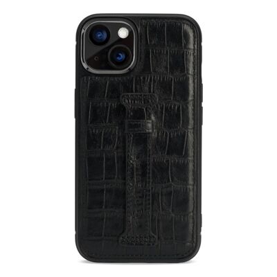 Funda de piel para iPhone 13 con lazo para el dedo grabado de cocodrilo negro