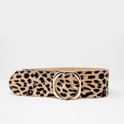 Cintura con fibbia tonda dorata in leopardo