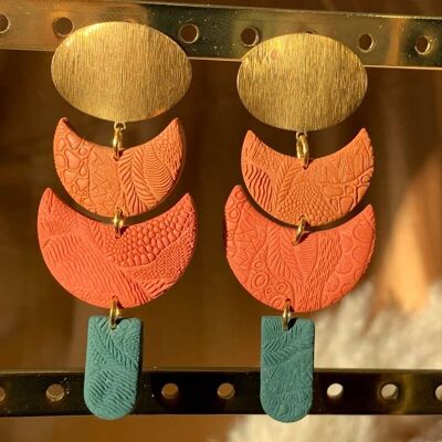 Boucles d'oreilles vertes et oranges en pâte polymère