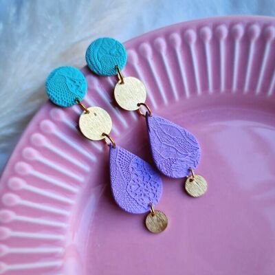 Boucles d'oreilles Violetta/Violet et Turquoise en pâte polymère