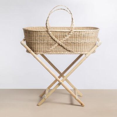 Moses basket in rattan and wooden support