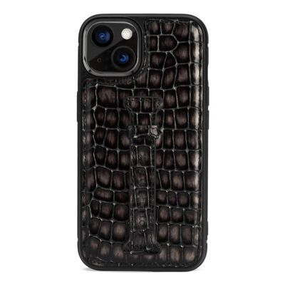 iPhone 13 Leder Case mit Fingerschlaufe Milano-Design grau
