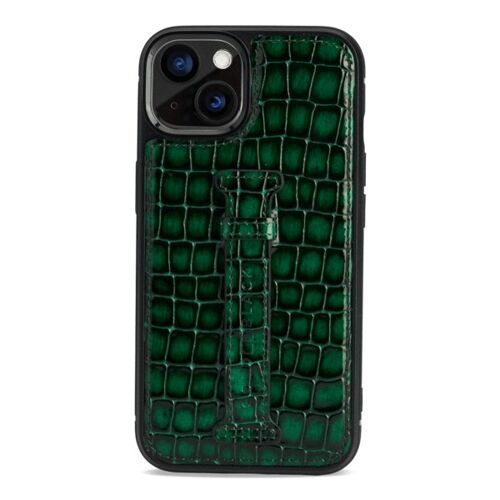 iPhone 13 Leder Case mit Fingerschlaufe Milano-Design grün