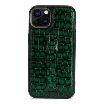 Custodia in pelle per iPhone 13 con passante per le dita Milano design verde