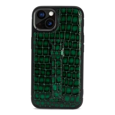 iPhone 13 Leder Case mit Fingerschlaufe Milano-Design grün